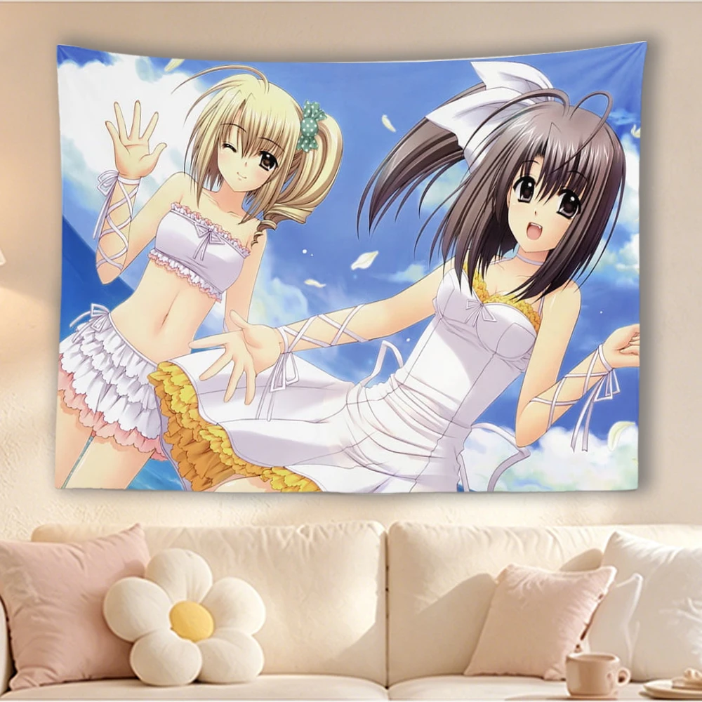 Kawaii Under the Innocent Sky Anime Girls Tapestry Blonde Black Hair Summer Sky Wall Hanging Decor
