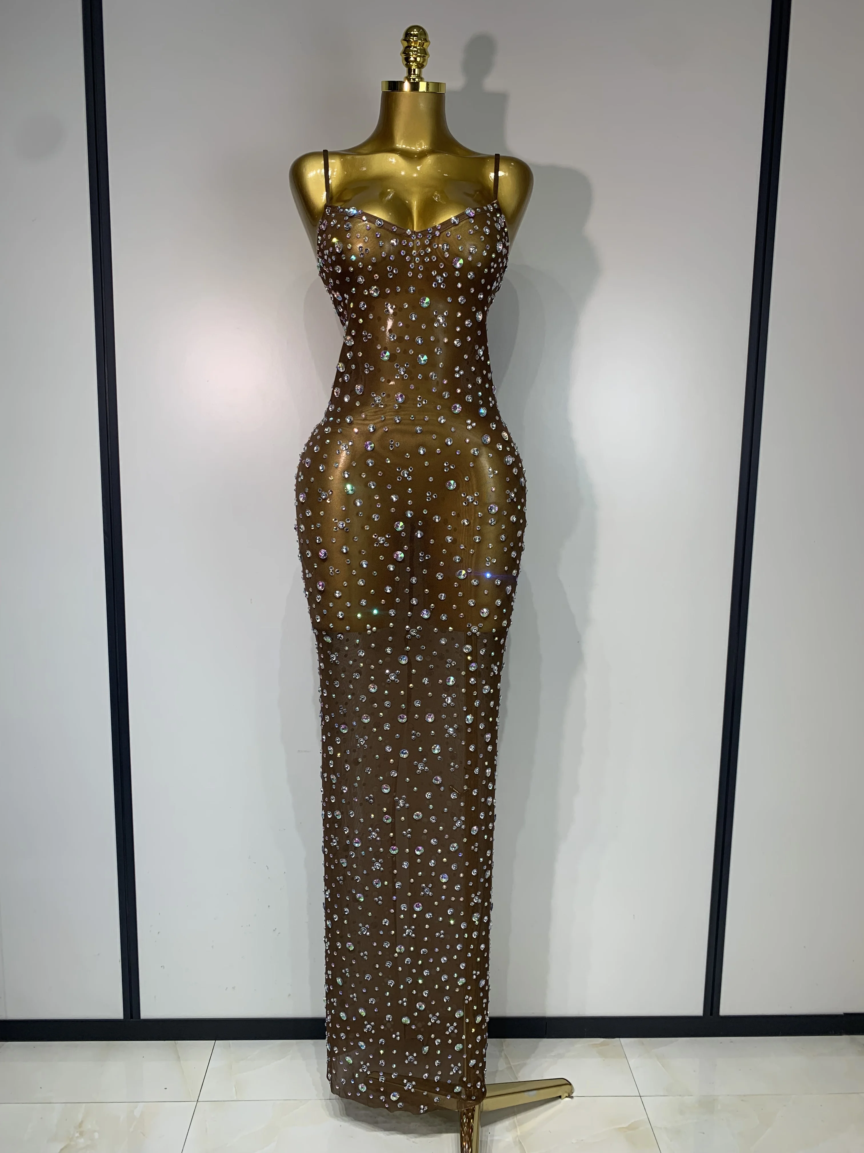 slim fit dress slacks Nerea Gold Sequin Bandeau Maxi Dress With Front High-Split – Club L London main image 0