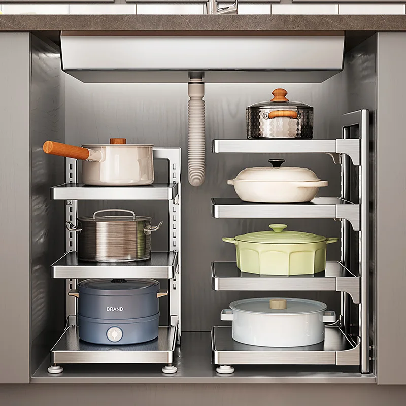 Stainless Steel Multi-Tier Pot Organizer Rack Adjustable Feet Two To Four Level Cabinet Shelf Cookware Storage Under Kitchen