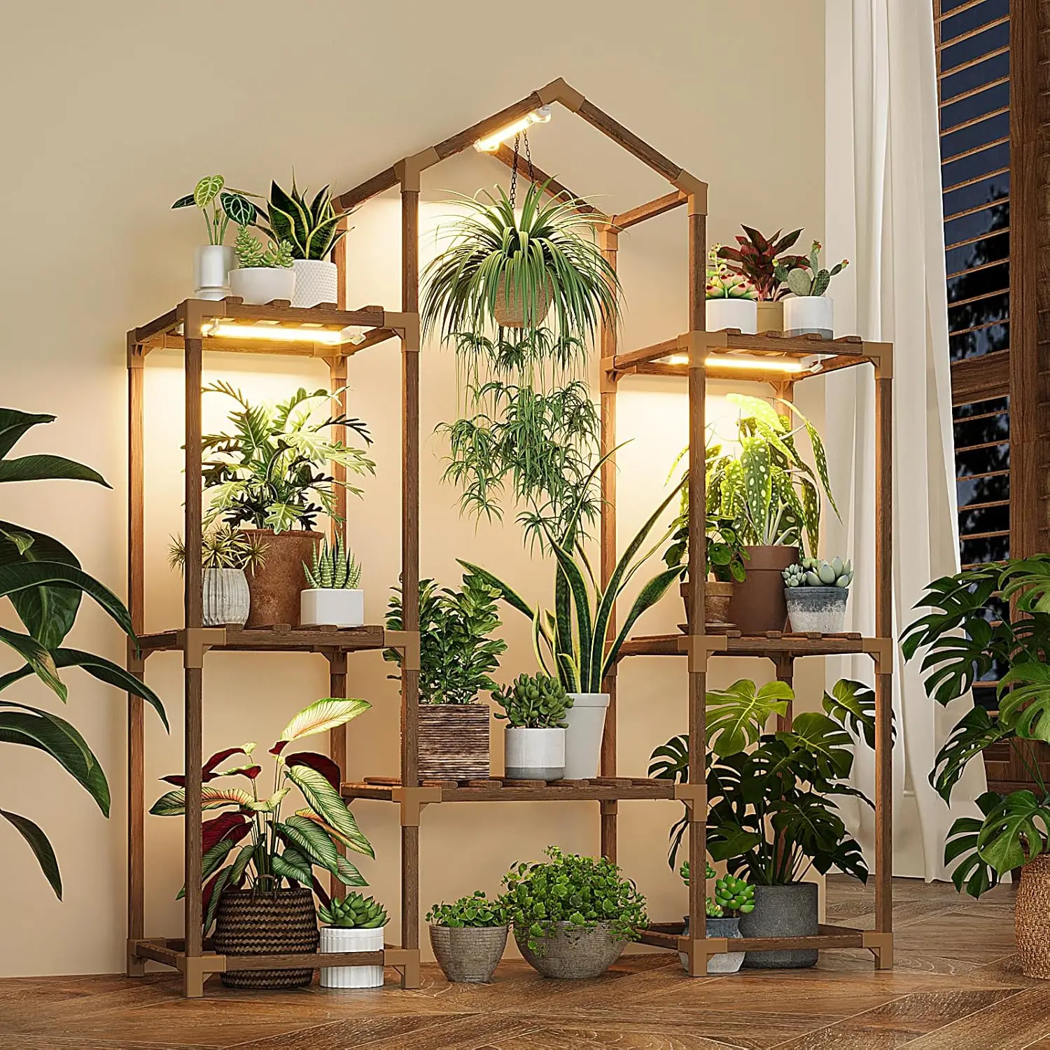 

Wood Plant Shelf with Grow Lights for Indoor Hanging Planter Pots Display, Living Room Patio Garden Decor