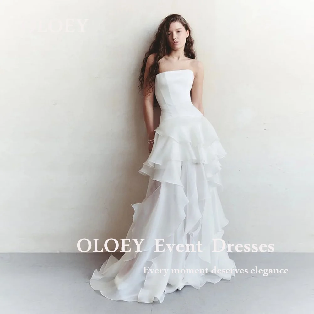 

OLOEY Modern Strapless Wedding Dresses Ruffles Layered Floor Length Bridal Gowns Sleeveless Pleats Organza Zipper Customized