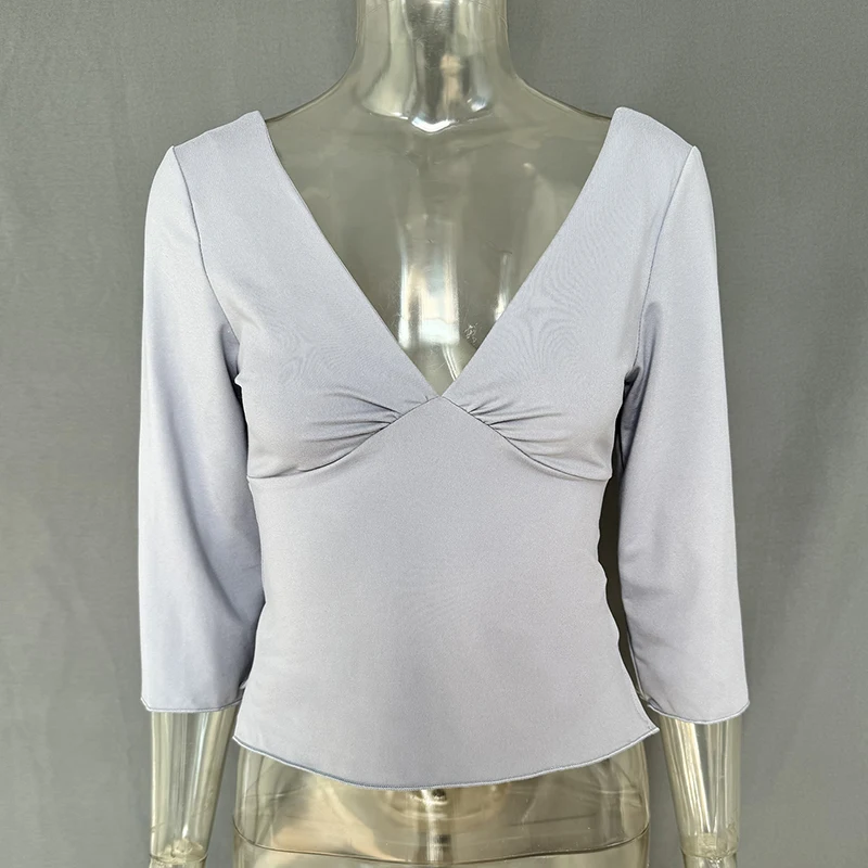 Sexy V-hals T-shirts Dames Tops Zomer Lange Mouw Spleet Effen Pullover Slim-Fit Chic High-Street 2026 Vrouwelijke Shirts Tee Tops