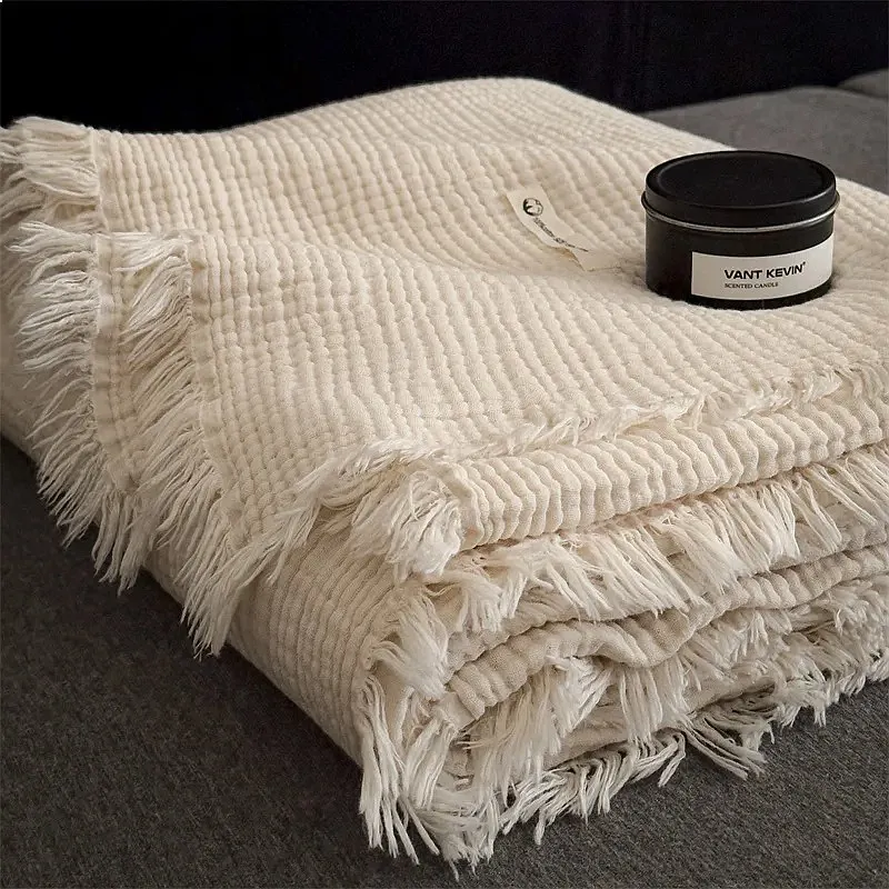 Y Home Tassel Decor Chunky Knit Throw Blanket for Sofa Luxury 100% Cotton Gauze
