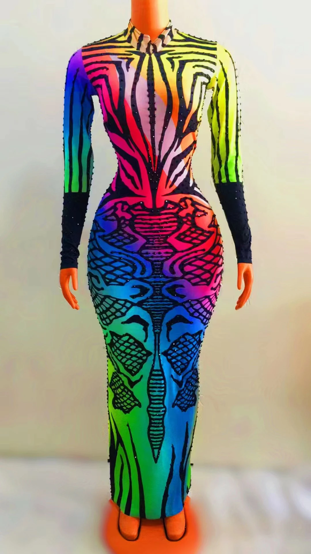 

Rainbow Samoan Tribal Pattern Women's LoncSleeve Bodycon Autumn Casual StreetwearVintage Polynesian Long Dress A350