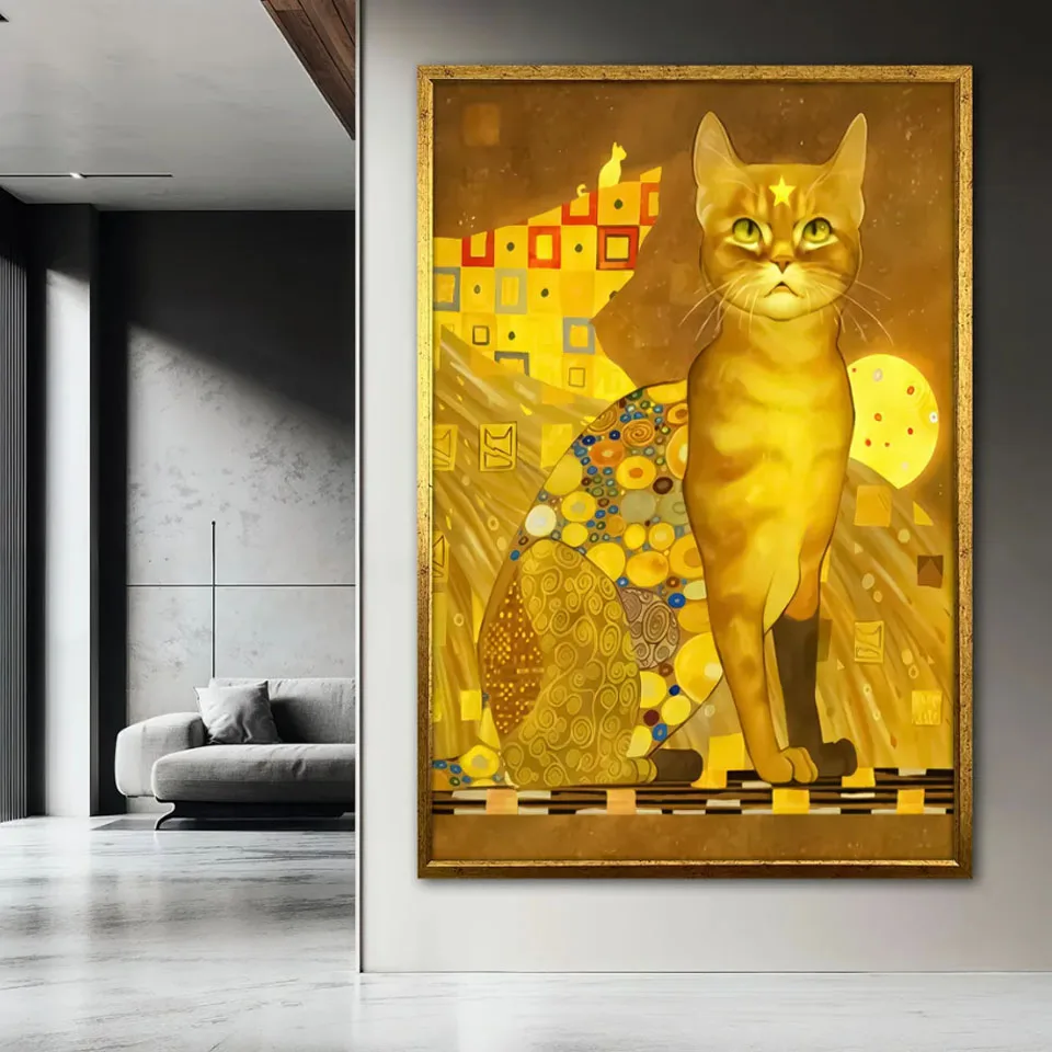 

Golden Cat Diamond Painting, Klimt Style Abstract Feline Wall Art with Star Symbol, Whimsical Cat Decor, Unique Pet Lover Art