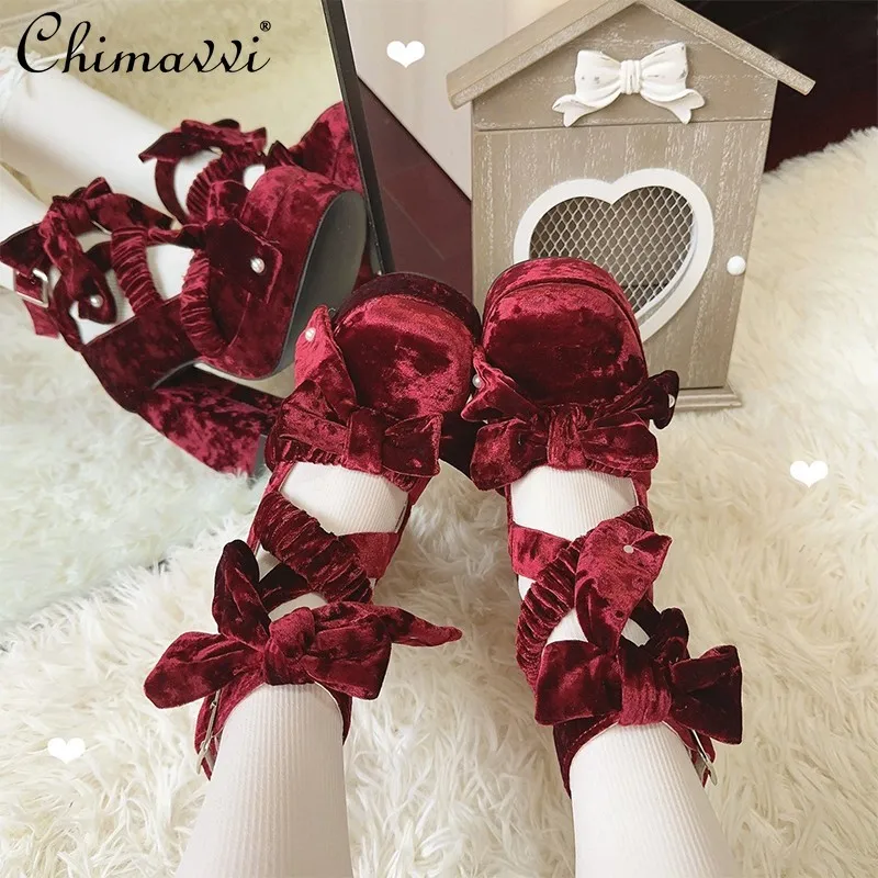 

Japanese Style Sweet Retro Doll Feeling Bow Bandage High Heels Suede Chunky Heel Round Toe Mary Jane Shoes Lolita Womens Shoes