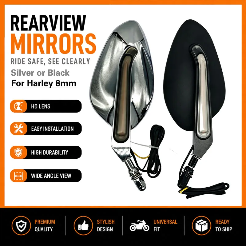 Motorcycle Rearview Mirrors For Harley-Davidson Side Rear View Mirror with LED Lights 12V Integrated Turn Signal Indicators