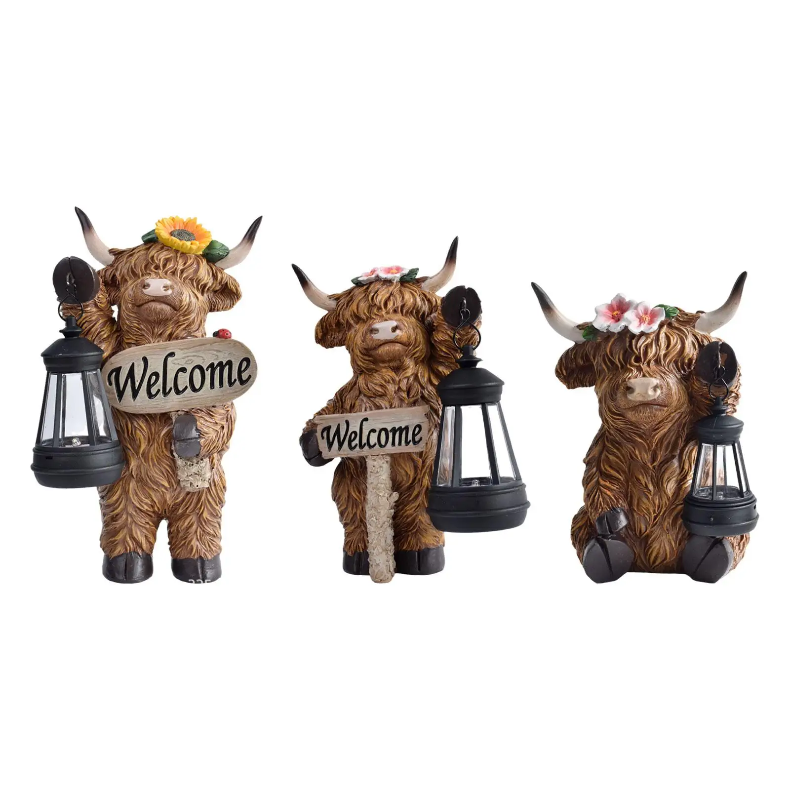 

Highland Cow Statue with Solar Lights Resin Figurine Outdoor Garden decor Landscape Lamp for Courtyard Yard Lawn Patio Gifts