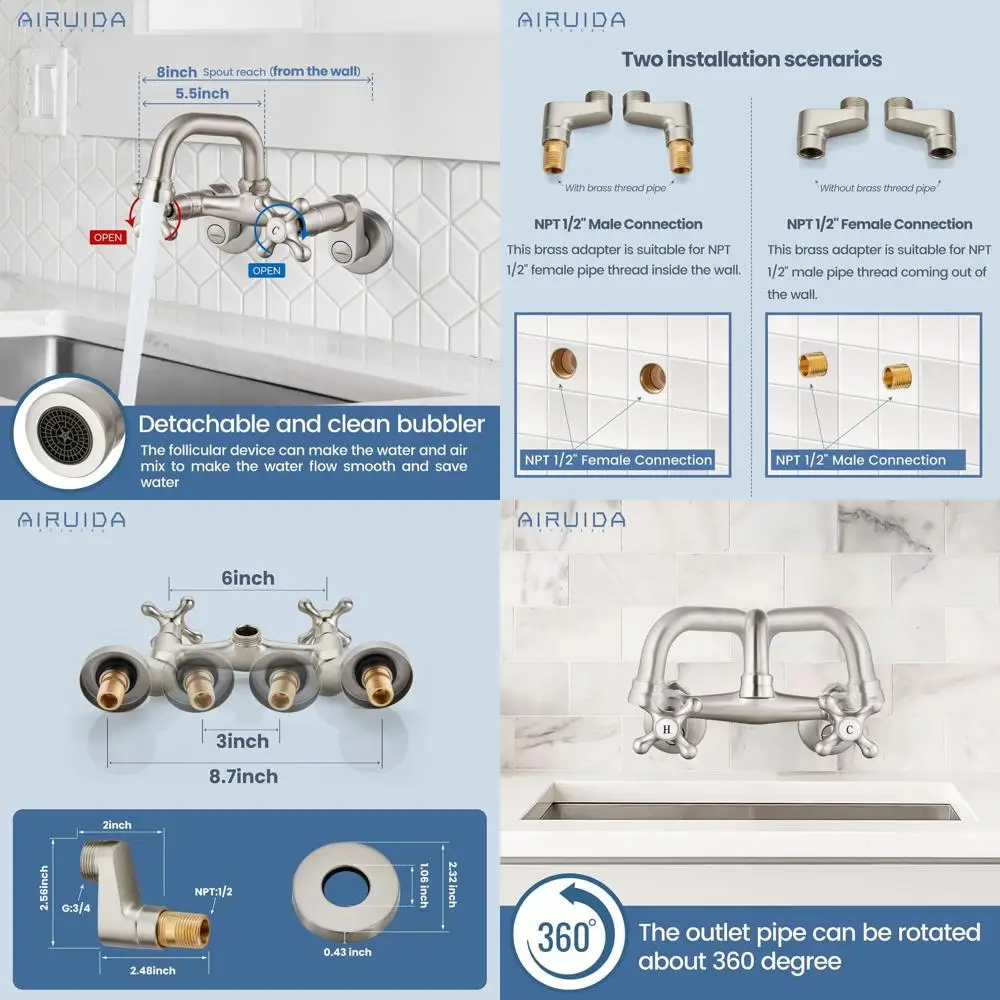 

4 настенных кухонных смесителя с регулируемой двойной ручкой и поворотным изливом на 360 градусов для раковины для стирки