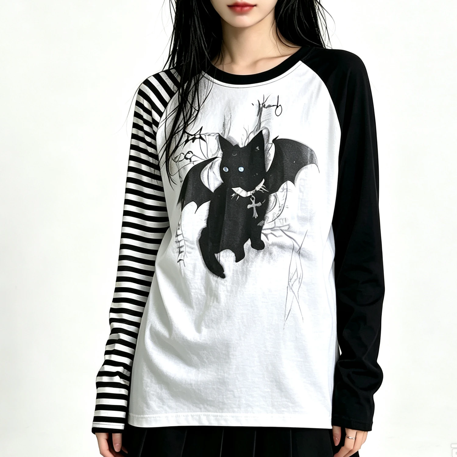 Raglan Long Sleeve T‑Shirt Asymmetric Stripe Sleeve Gothic Demon Black Cat Cross Wing Graphic Loose Y2K Grunge Aesthetic Tee Top