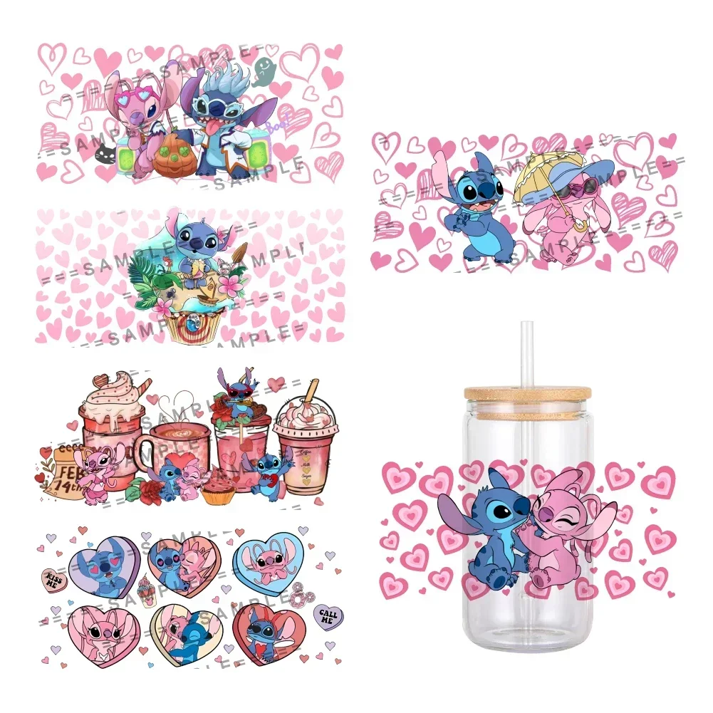 Disney steh lilo anděl valentine's den UV DTF nálepka, vodotěsný obtisky pro 16oz sklo pohár balit nálepka 11*24cm