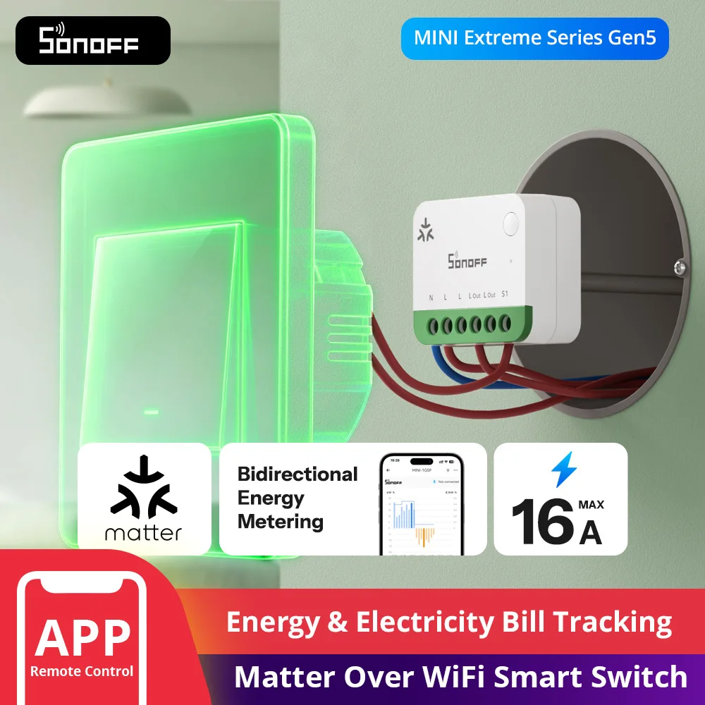 Image of SONOFF MINI-1GSP MINI ONE PM Matter-Over-WiFi-Smart-Schalter, Überlastschutz 16A, Intelligente Energiemonitoring, Matter-Kompatibilität, Apple Home