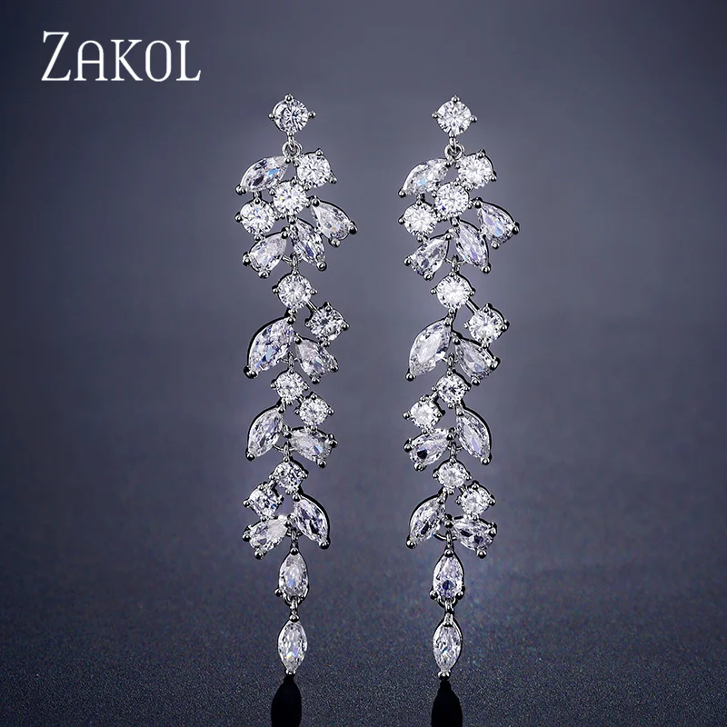 ZAKOL Fashion Cubic Zirconia Leaf Long Dangle Earrings dla eleganckich kobiet White Leaves Drop Earring Biżuteria ślubna dla nowożeńców