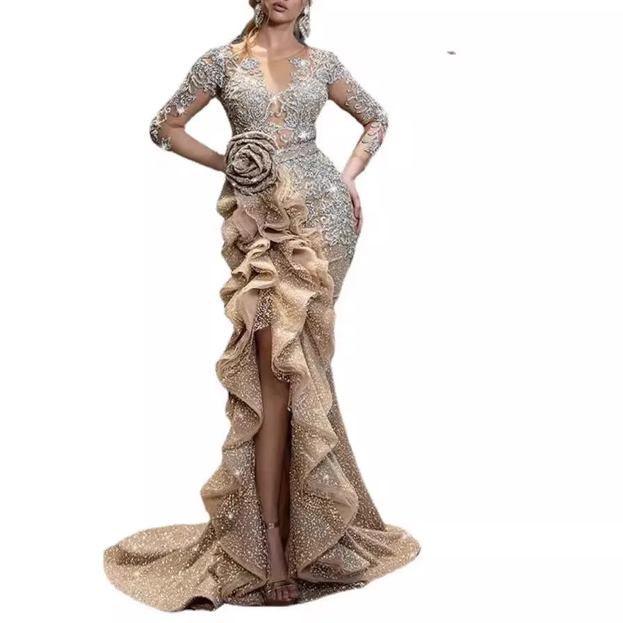 

Sexy Long Hollow out Evening Dr mid Waist Fi Tail Gown for Wedding Par And Banquet Deep V Ne Long Sve Polyester