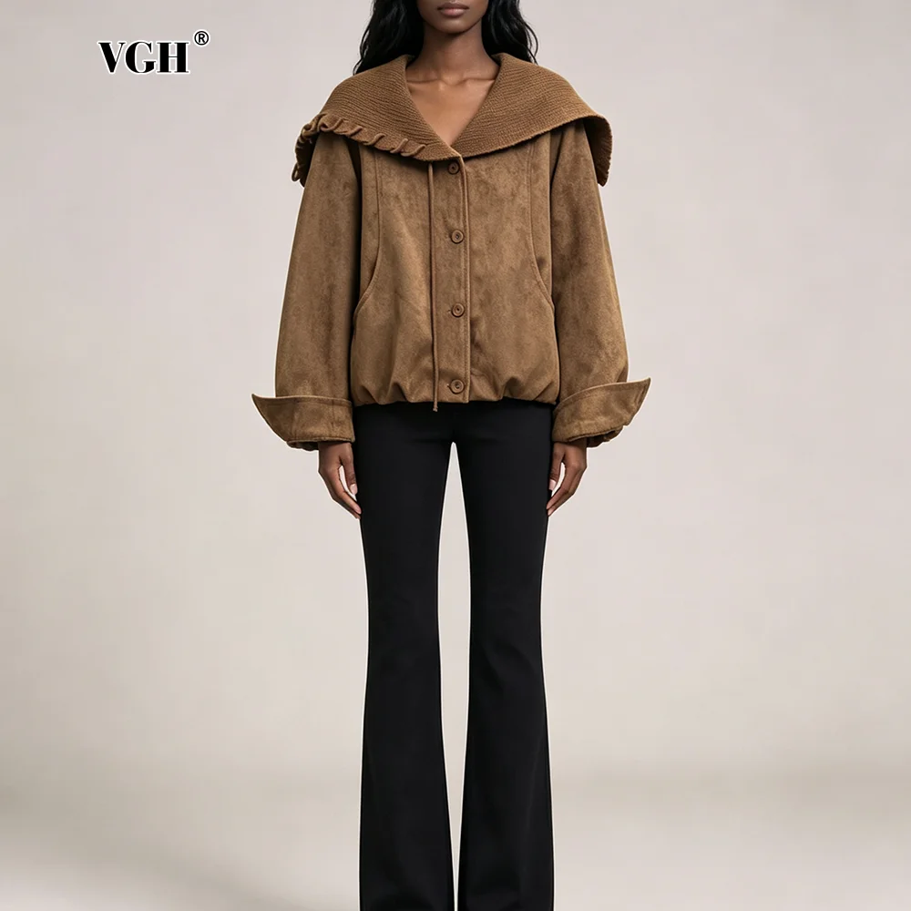 VGH Vintage Cropped Jacket for Women Solid Knit Ruffled Sailor Collar Long Sleeve Button Front Side Pockets for Casual Outerwear