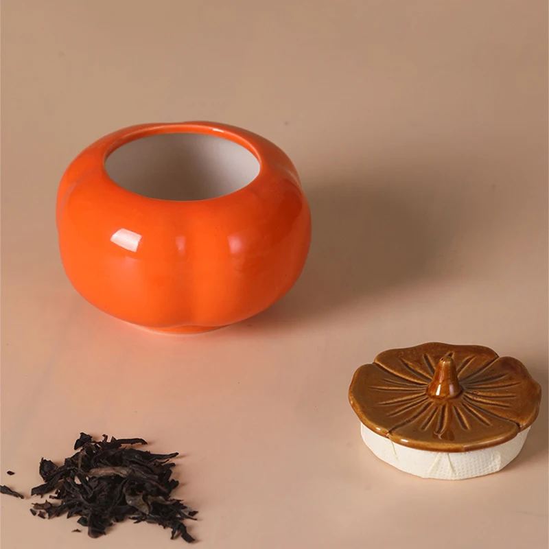 1pc Ceramic Tea Canister Portable Moisture Resistant Sealed Canister Persimmon Type Ashtray Jar 200ml 9cm*7.5cm