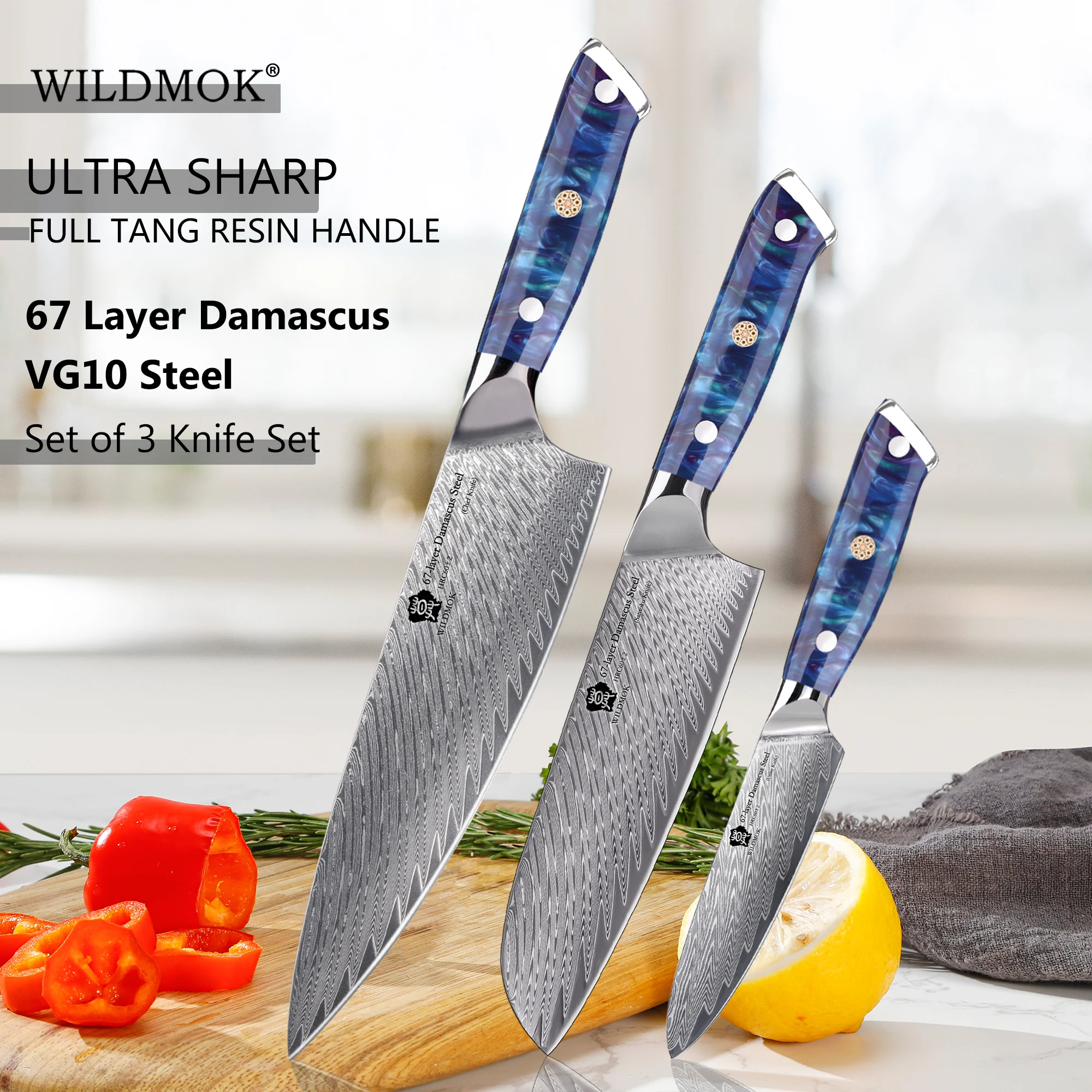 WILDMOK Ergonomic Resin Handle, Damascus VG10 Steel Chef Knife Set, Professional Damascus Steel Forged Blade Kitchen Knives