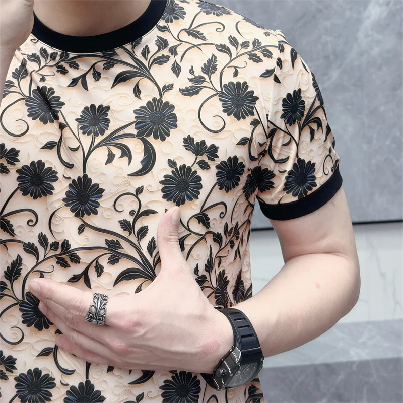 2024 Summer Thin Round Neck Men\'s T-shirts Retro Flower Jacquard Casual Elastic Tshirts Breathable Social Tee Tops Men Clothing