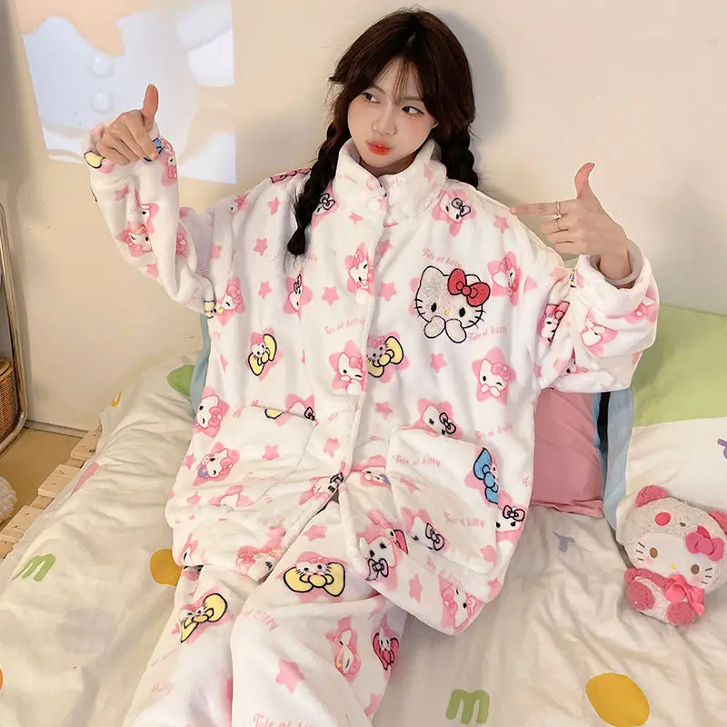 Hot Kawaii Sanrio Hellokitty Cartoon Pajamas Cute Sweet Girl Autumn Winter Long-Sleeved Trousers Thickened Casual Wear Home Set