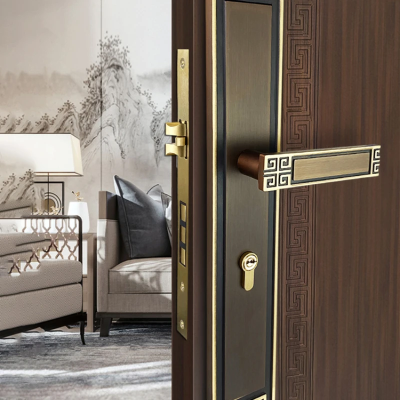 All copper double door lock new Chinese elongated luxury entrance folio brass bedroom Chinese solid wood