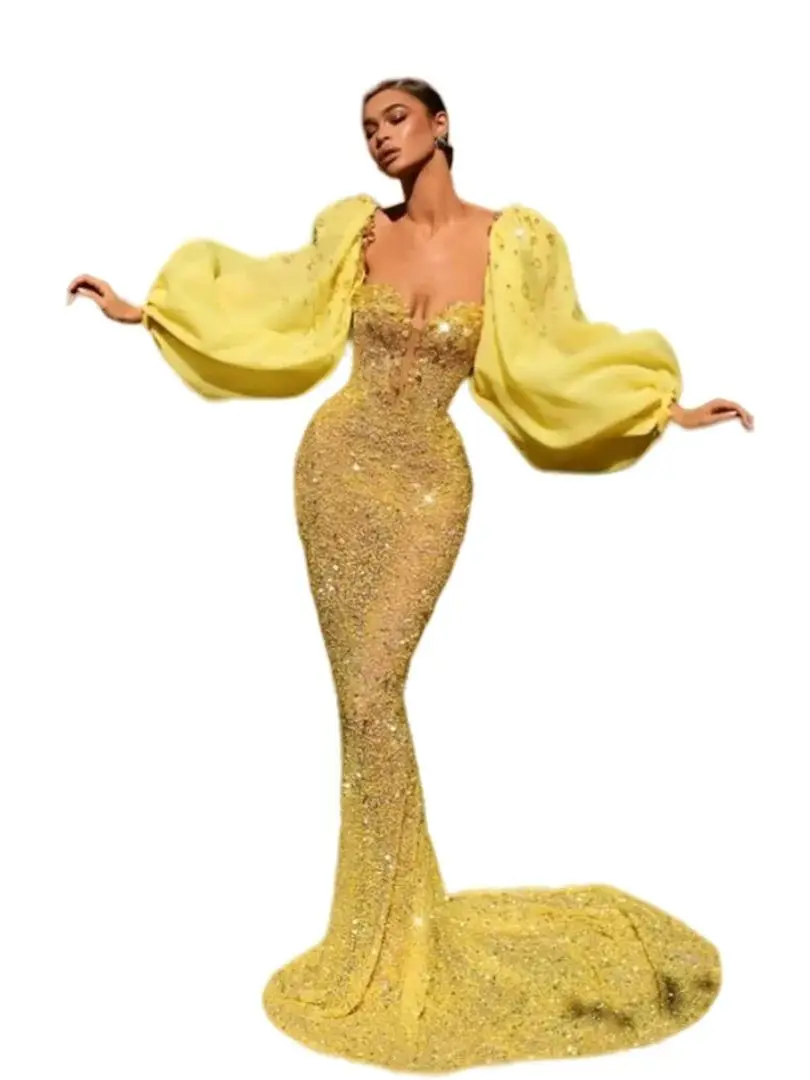 Yellow Sequined Mermaid Evening Dress Lantern Sleeves Women Sexy Illusion Prom Dresses Maxi Luxury Party Gown Robe De Soriee