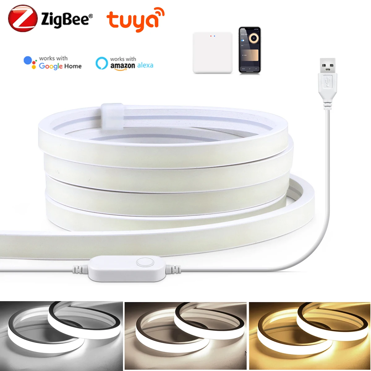 ZigBee 3.0 Wifi COB LED Strip Smart Tuya 5V USB Light Neon LED Tape With Dimmable Dimmer LED Controller Alexa Lamp Cabinet Decor