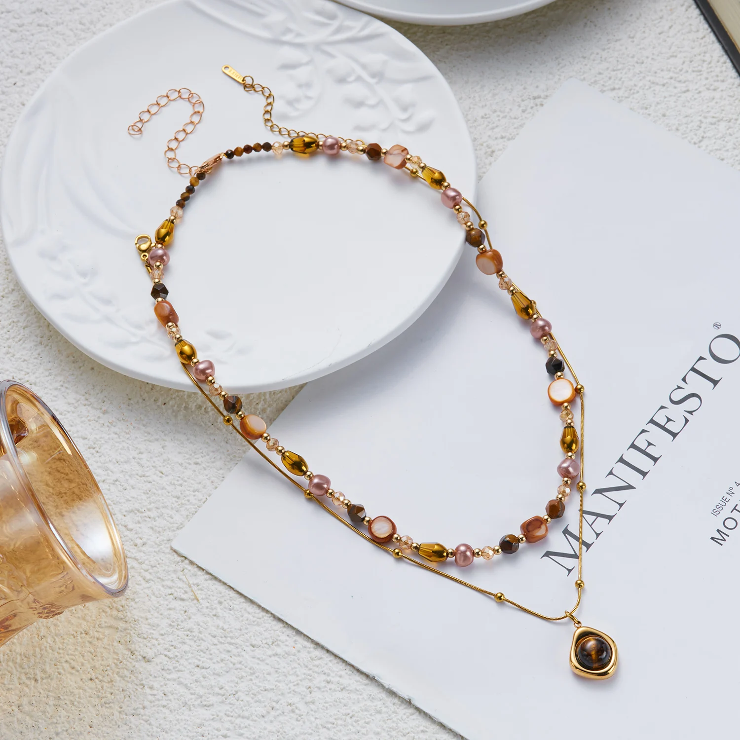 Maillard Tigerauge Edelstahl-Halsketten-Set für Damen, Boho Vintage Naturstein-Perlen Mehrlagige Pullover-Ketten, Party-Schmuck – Detail 6