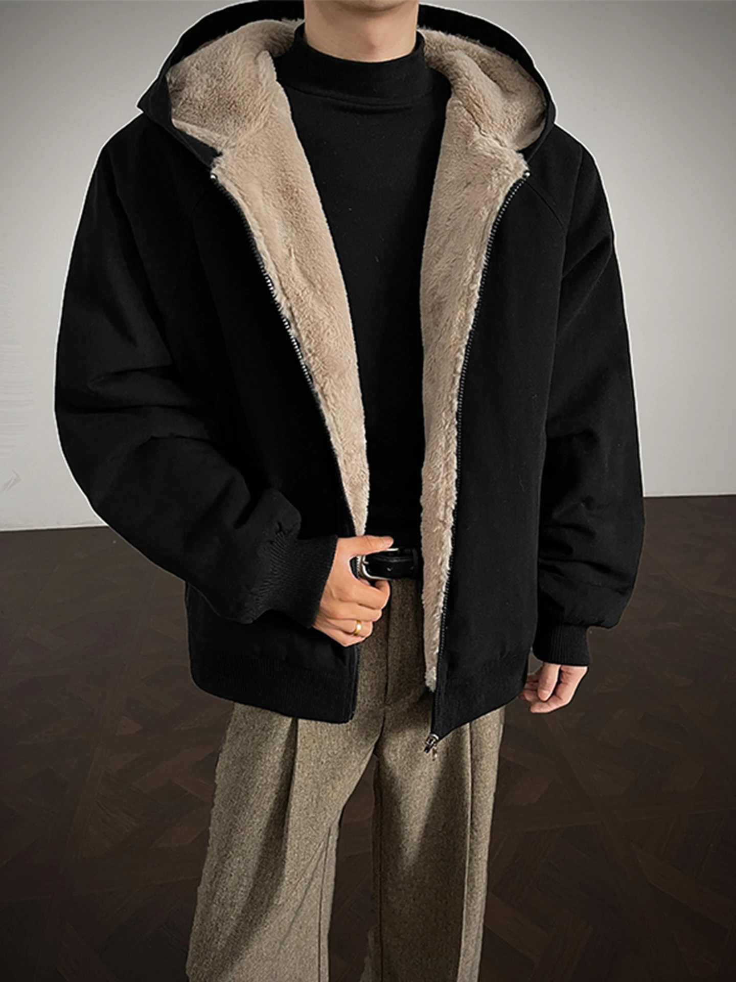 

Men's Hooded Thiened Winter Cotton Jaet Warm Comfortable ort Sle Fce Lined American Sle Double Sided Wear