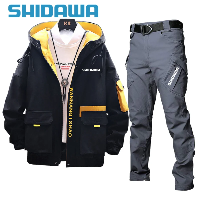 

Spring Autumn Men's Thin Fishing Suit Fashion Leisure Sports Hooded Jacket+summer Trousers Two-piece Outdoor Hiking Fishing Suit