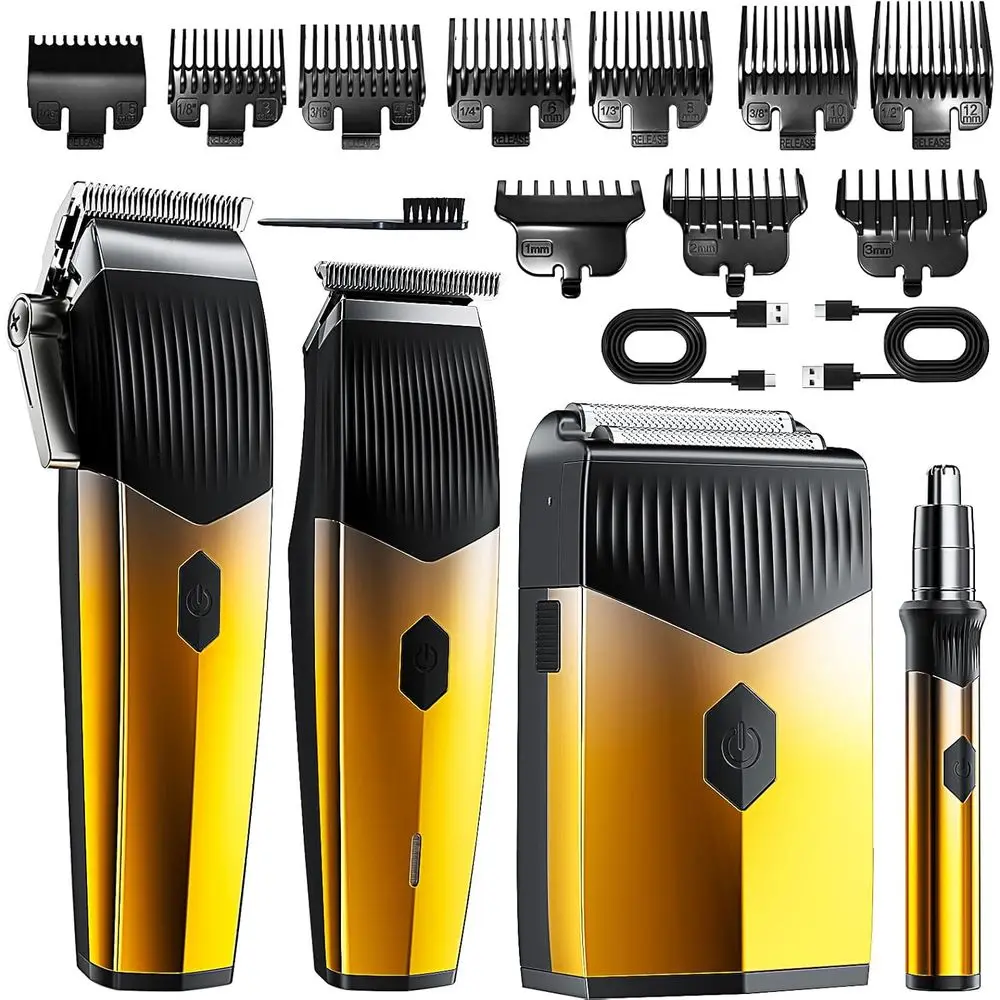 

4-in-1 Beard Trimmer and Rechargeable Shaver Set with Metal T-Blade, LED Display, and Barber Hair Cutting Kit for Men's Grooming