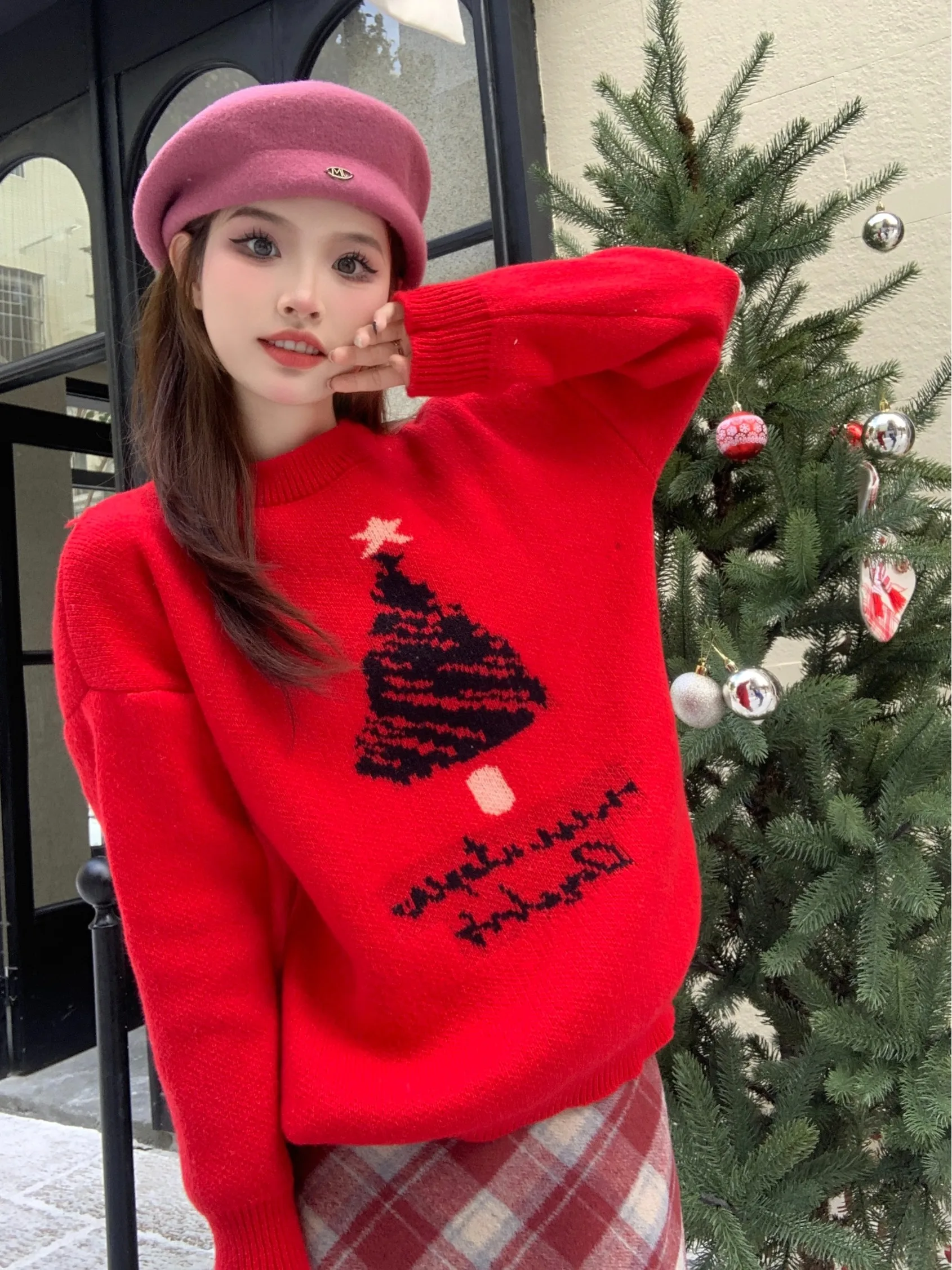 

New Year Red Slimming Women's Knitted Sweater Vintage Cisas Tree Pattern Loose Drapey Overhead Sweet Sle Autumn Winter