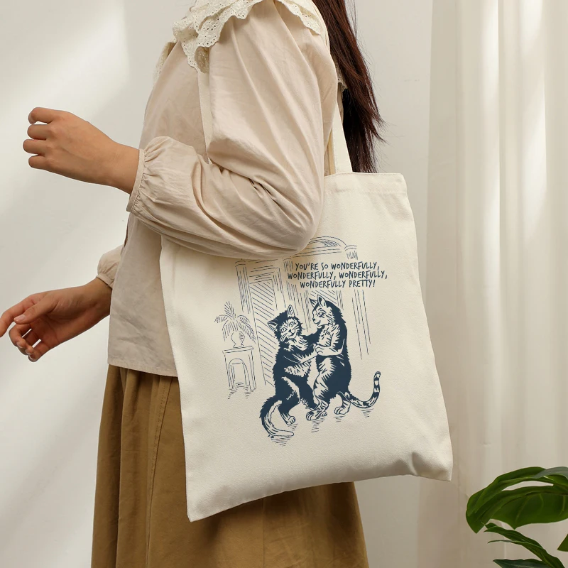 Sac fourre-tout imprimé danse de chat en bois bleu rétro, cadeau de Couple romantique pour les soirées de forces, sac à bandoulière pour femme, accessoire de Style Vintage