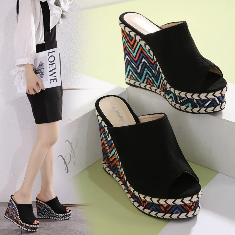 

FHC New Women HIgh Heels Wedges Slippers,Summer Shoes,Fashion Peep Toe Slides,Thick Bottom,Outside Wear,Black,Apricot,Dropship