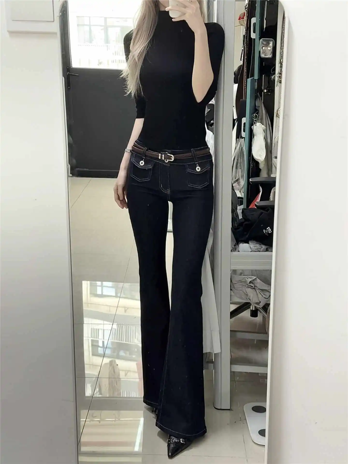 

Женские синие расклешенные джинсы Y2k с запахом и юбкой Harajuku, винтажные джинсовые брюки в японском стиле 2000-х годов, мешковатые джинсы с кисточками, брюки, одежда