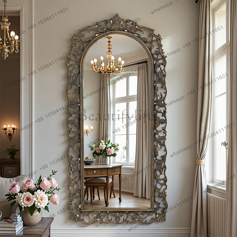 French classical brown floor-to-ceiling full-body mirror retro high-value full-length mirror