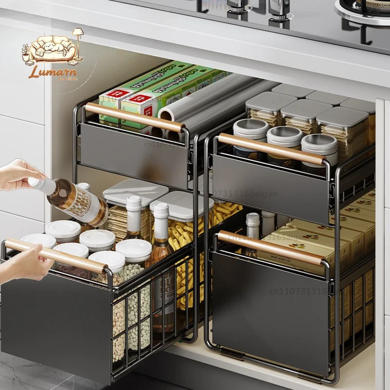 2 Layer Under Sink Storage Shelf Pull Out Organizer for Kitchen Dishes Spices Damp Proof