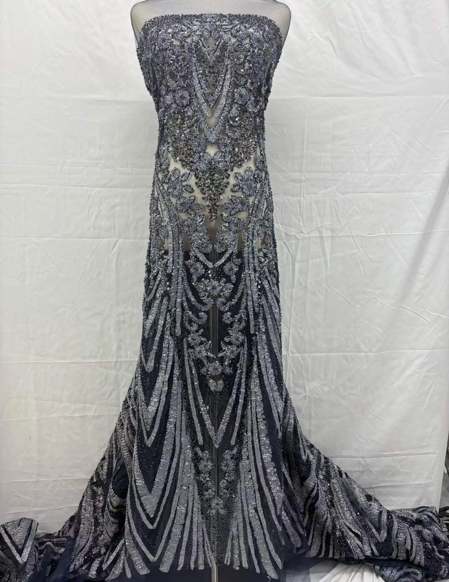 

Высококачественная кружевная ткань с бисером, 5 ярдов, французский тюль с африканскими пайетками и нигерийской вышивкой для женских свадебных платьев