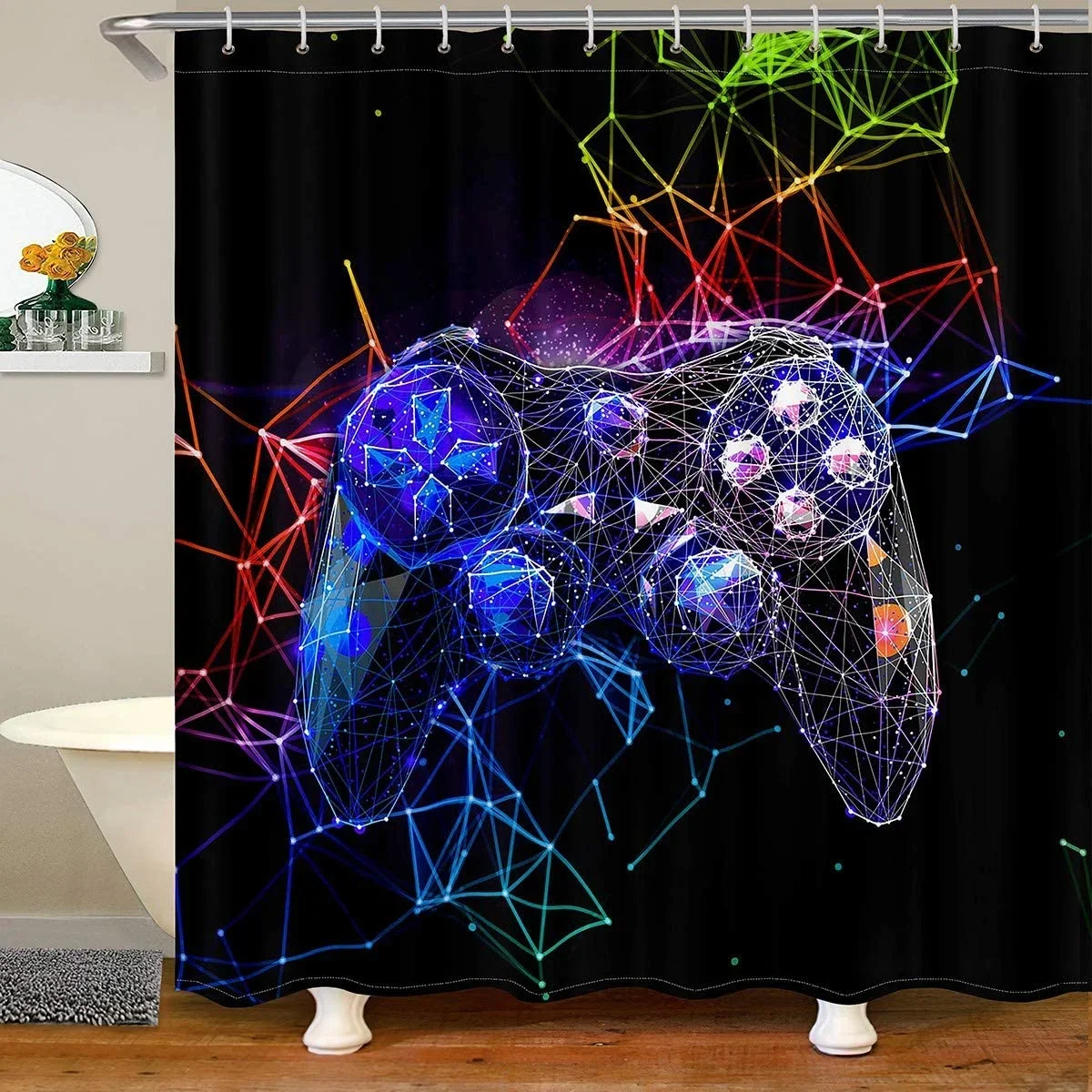 Modern Gamer Shower Curtain Video Game Controller Bath  Room Decor Bright Colorful Geometry Waterproof Bathroom s