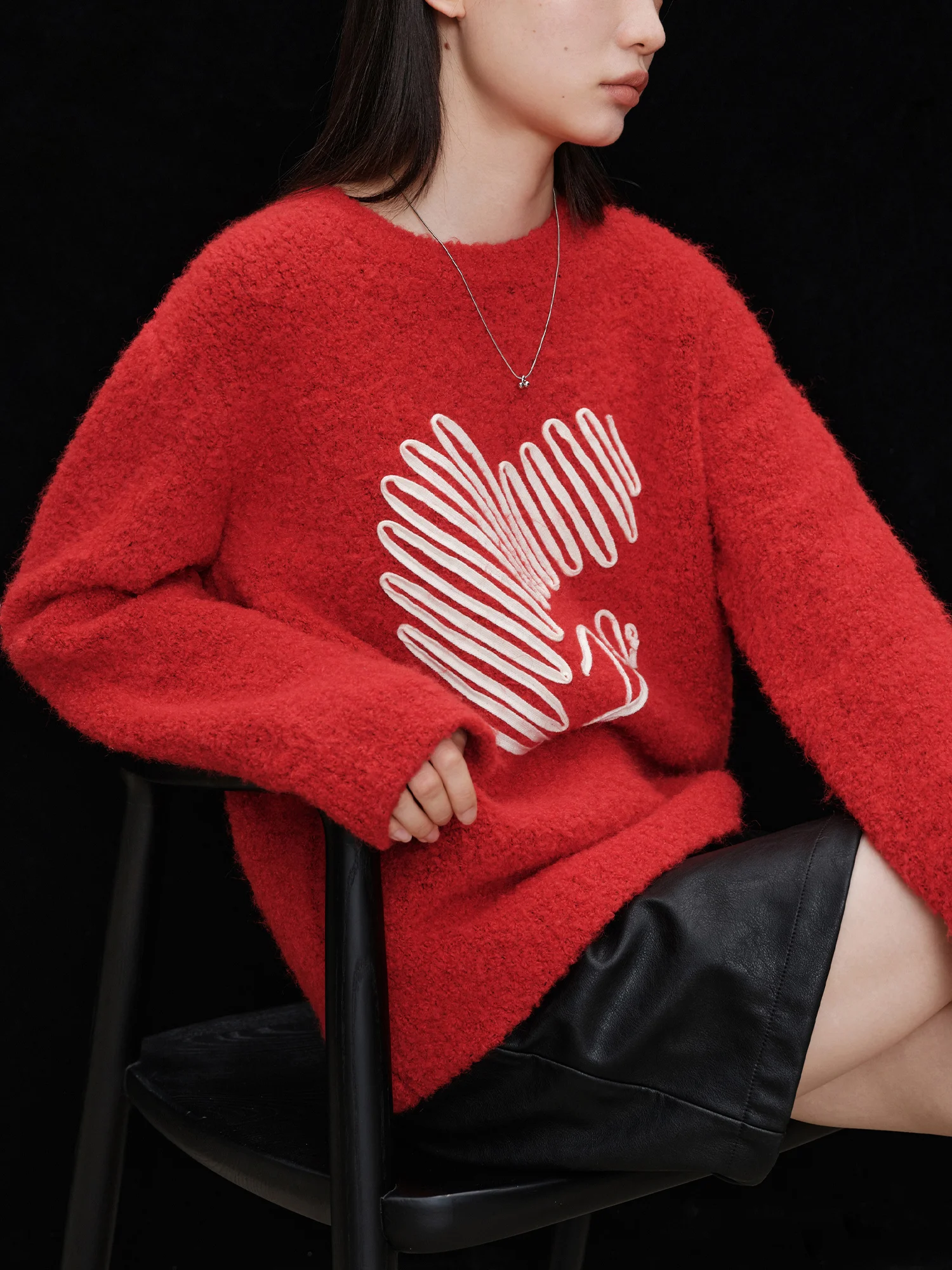 ZIQIAO 10.2% Wool Women Red Sweater Heart Shape Patchwork Design Round Neck Pullover Sweaters Drop Sleeve Women Top 24ZQ94441