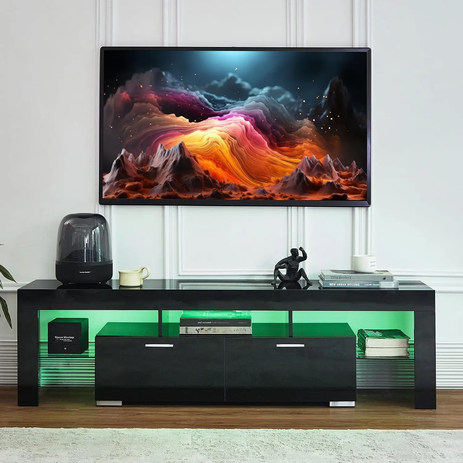 Black LED TV Stand for 75 Inch TV, High Gloss TV Entertainment Center with Storage Drawer, TV Console Table for Living Room, Bed