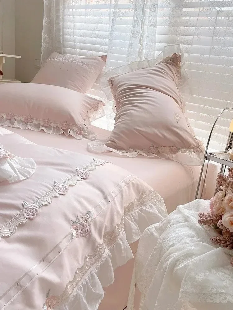 Princess Wind Romantic Roses 100 long-staple cotton four-piece set, cotton sheets embroidered girl