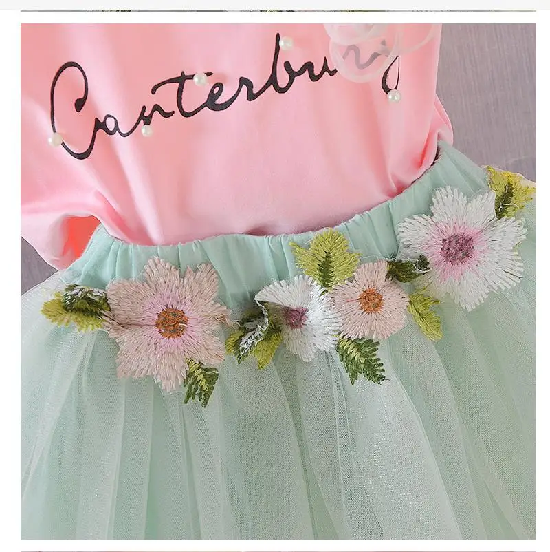 Fashion Kids Clothing Sets Summer Baby Girls Clothes Flower Printing T-shirt + Skirt Suit 2Pcs Kids Clothes letter Girls Suit image 6