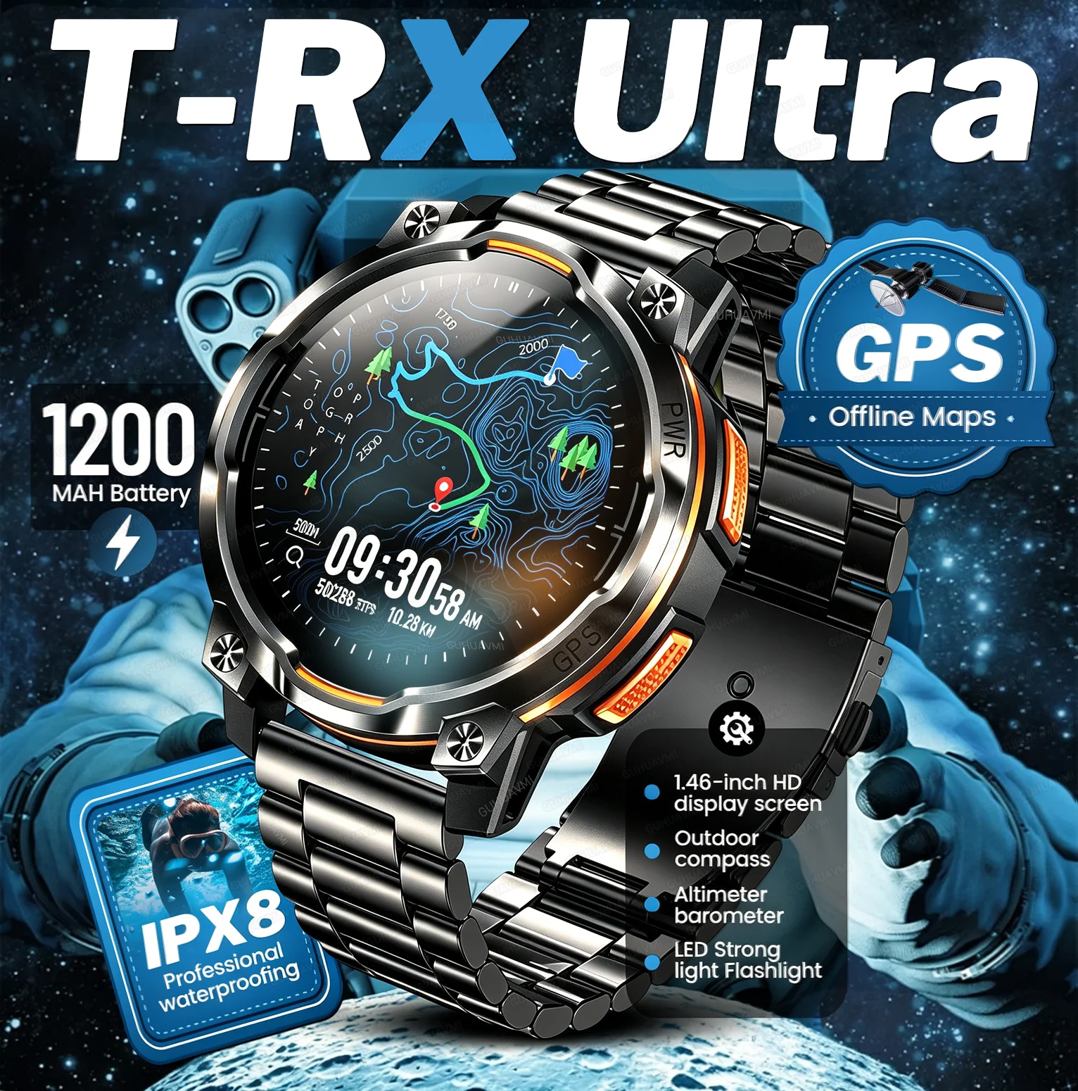 New Outdoor Men Sports Smart Watch GPS Map 1200mAh Battery Compass Flashlight IPX8 Waterproof Bluetooth Call 1.46”HD Smartwatch