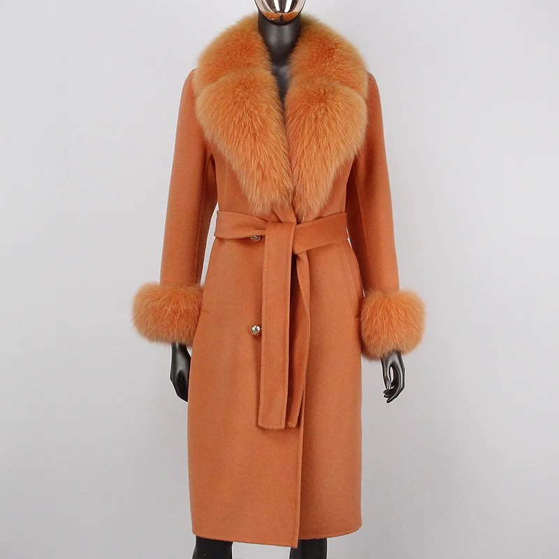 

FURYOURSELF 2023 Real Fur Coat Cashmere Blends Wool Winter Jacket Women Natural Fox Fur Collar Cuffs Double breasted Outerwear