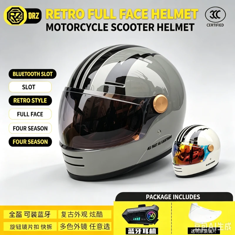 Full Face Motorcycle Helmet With Bluetooth - ORZ 男性女性レトロフルフェイスオートバイヘルメット 3C 認定 Bluetooth スロット四季冬パーソナライズされたバイクスクーター