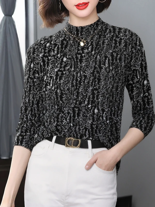 

Elegant Long Sleeve Half High Neck Base Shirt Women's Mid-Aged Fashionable Age-Defying Top Polyester Fiber Regular Sleeve