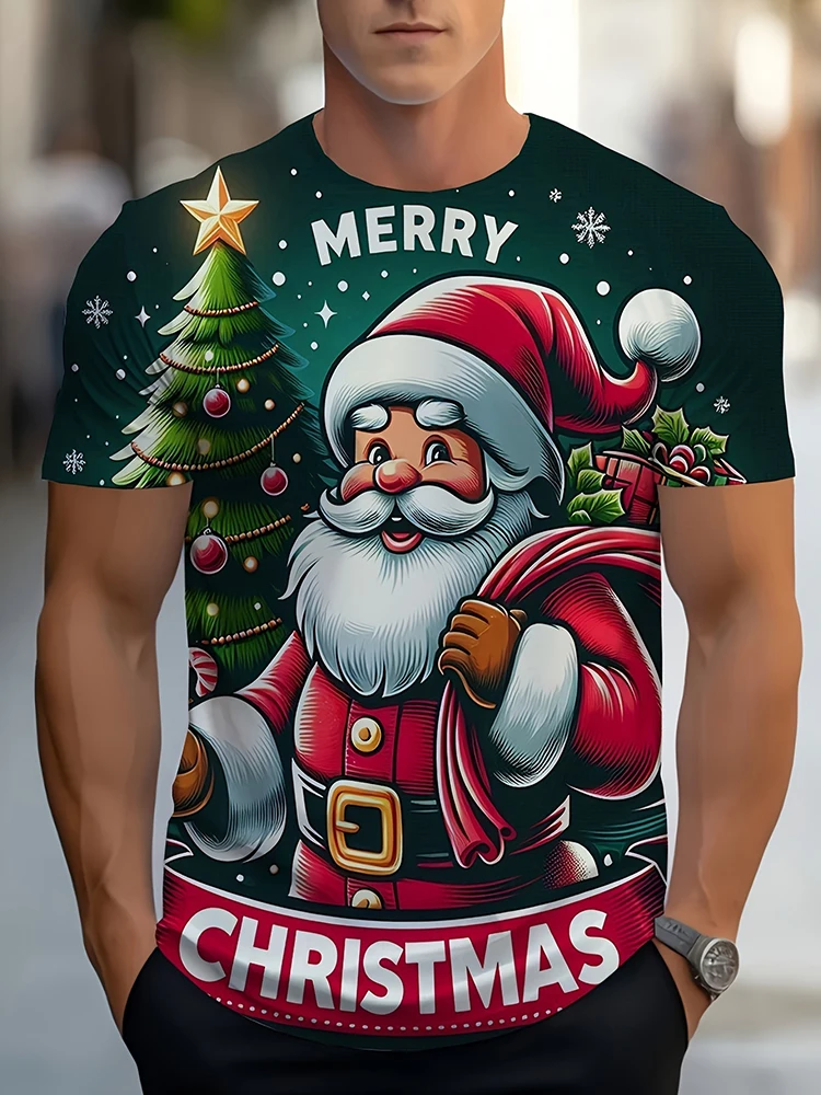 ثلاثية الأبعاد عيد الميلاد سانتا طباعة الرجال قصيرة الأكمام قميص عيد الميلاد نمط في الهواء الطلق الشارع تي شيرت رياضي عادية اليومية الرجال فضفاض تي شيرت