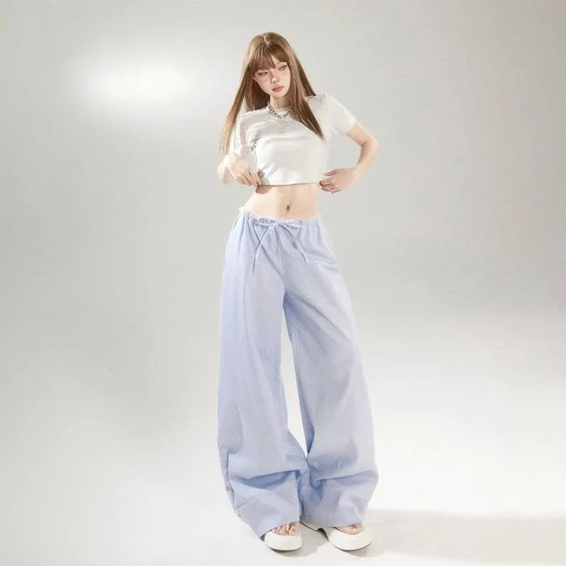 الرجعية منخفضة الارتفاع مخطط واسعة الساق السراويل عادية الدانتيل الرباط ثنى Y2K نمط الربيع الصيف المرأة الملونة فضفاضة تناسب بنطلون