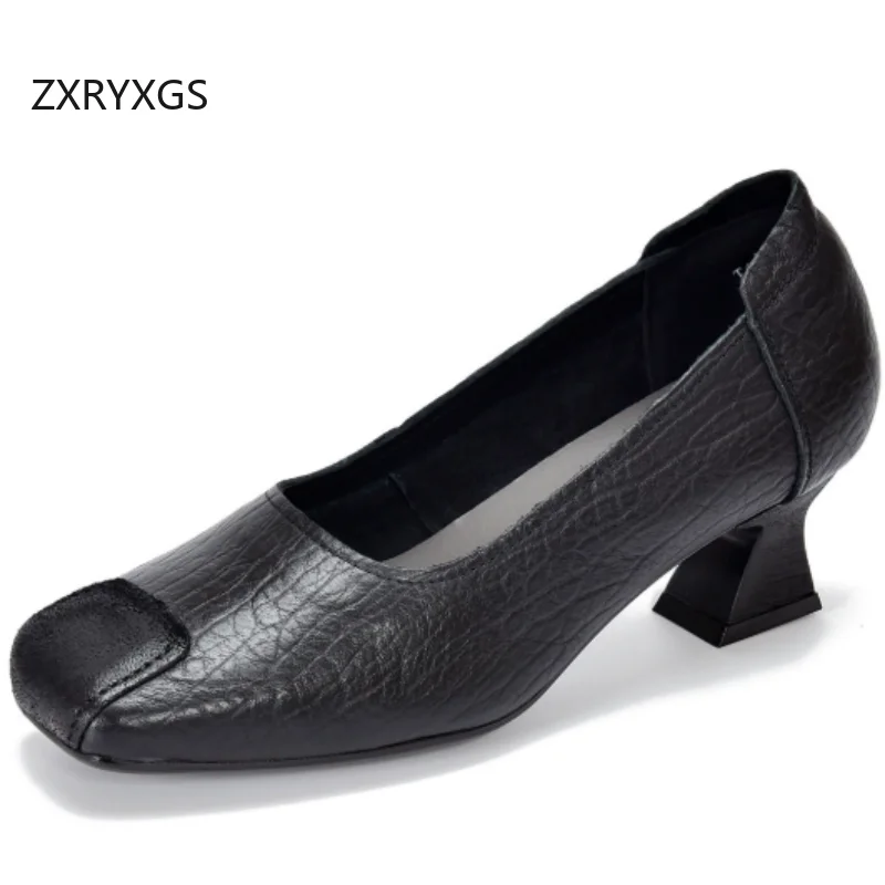 

Женские туфли ZXRYXGS из натуральной кожи с квадратным носком и низким вырезом, модель 2026 года, новые, модные, удобные, универсальные, на среднем каблуке