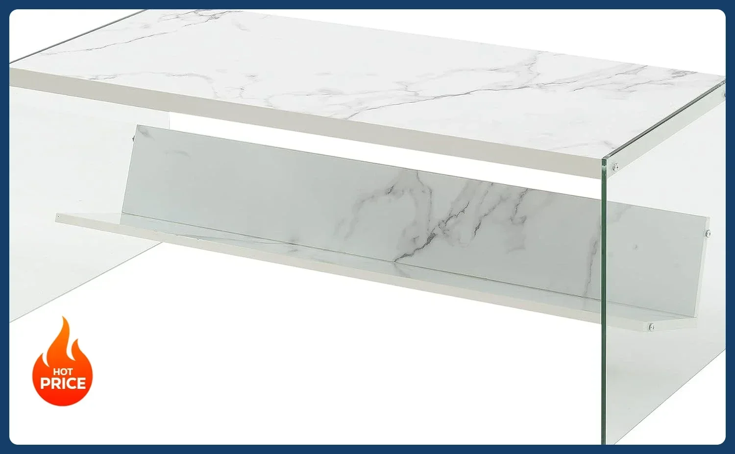 

[Discounted Price!]SoHo Glass Modern Living Storage Shelf, Contemporary Coffee Table for Family Room, 40", Faux White Marble